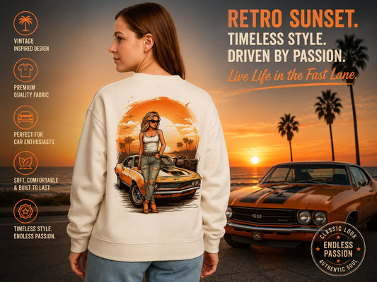 Retro Sunset Muscle Car Sweatshirt: The Perfect Blend of Vintage Style and Automotive Passion