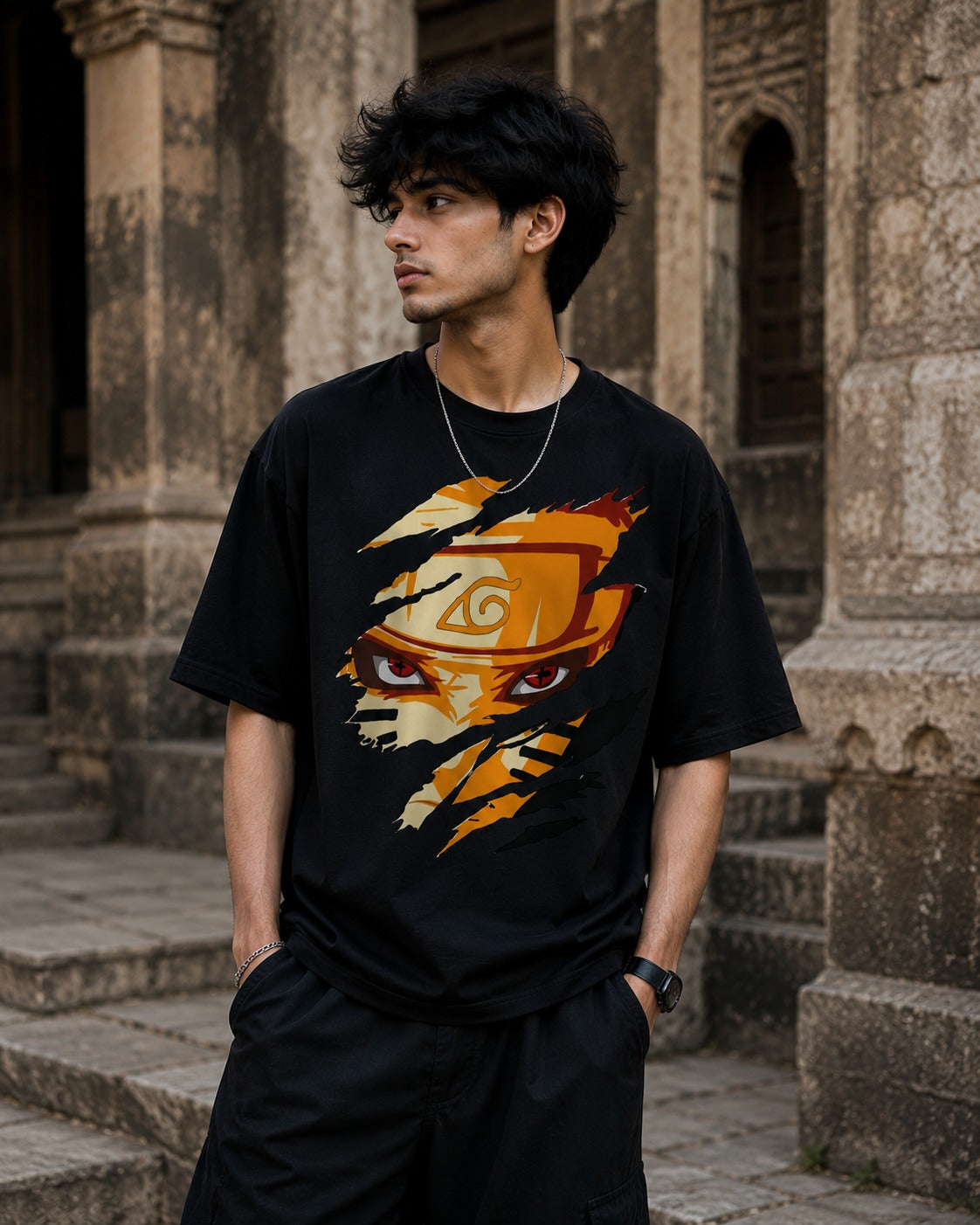 Naruto Eyes Anime Oversized T-Shirt – Black Ninja Graphic Tee