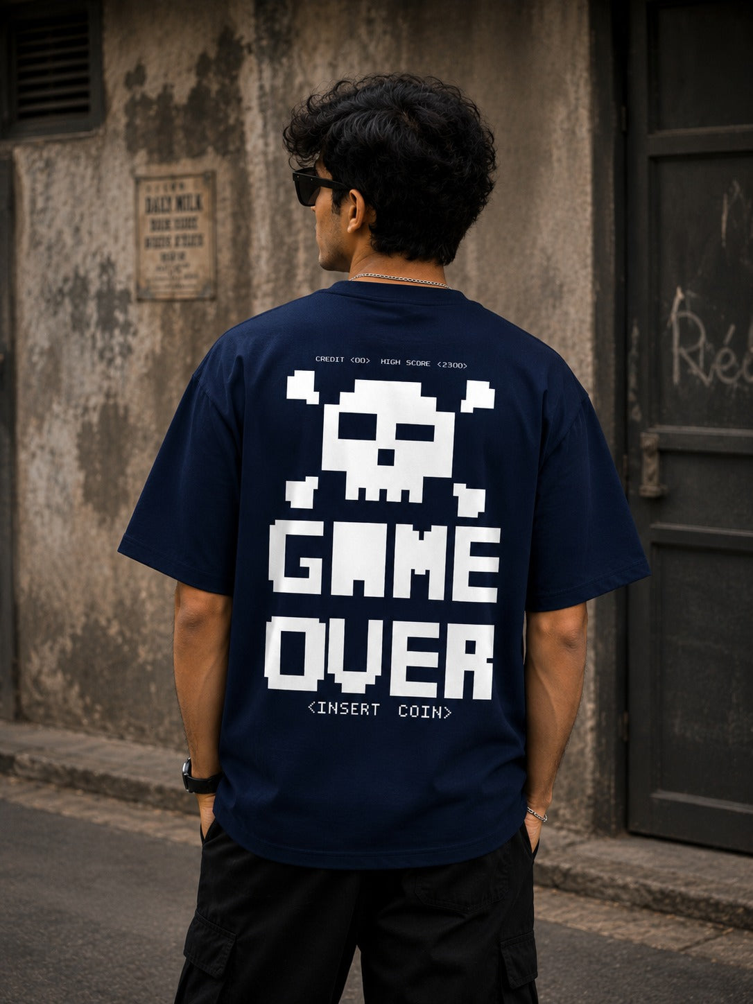Game Over Pixel Tee back print – retro pixel art graphic navy blue oversized tee