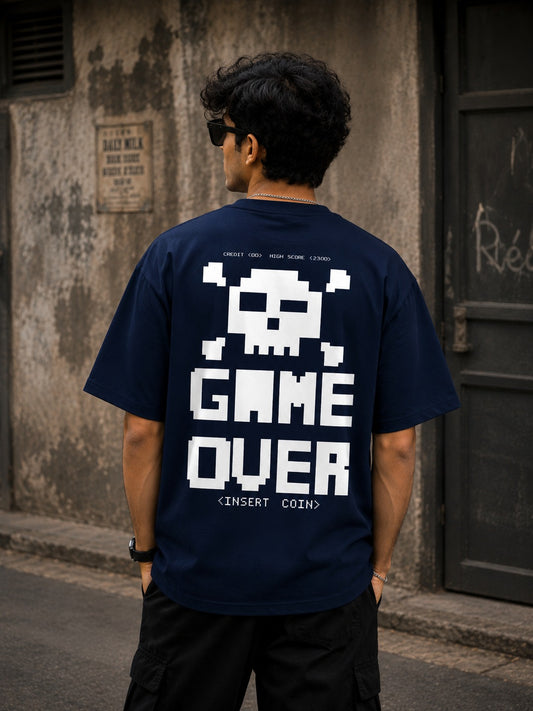 Game Over Pixel Tee back print – retro pixel art graphic navy blue oversized tee