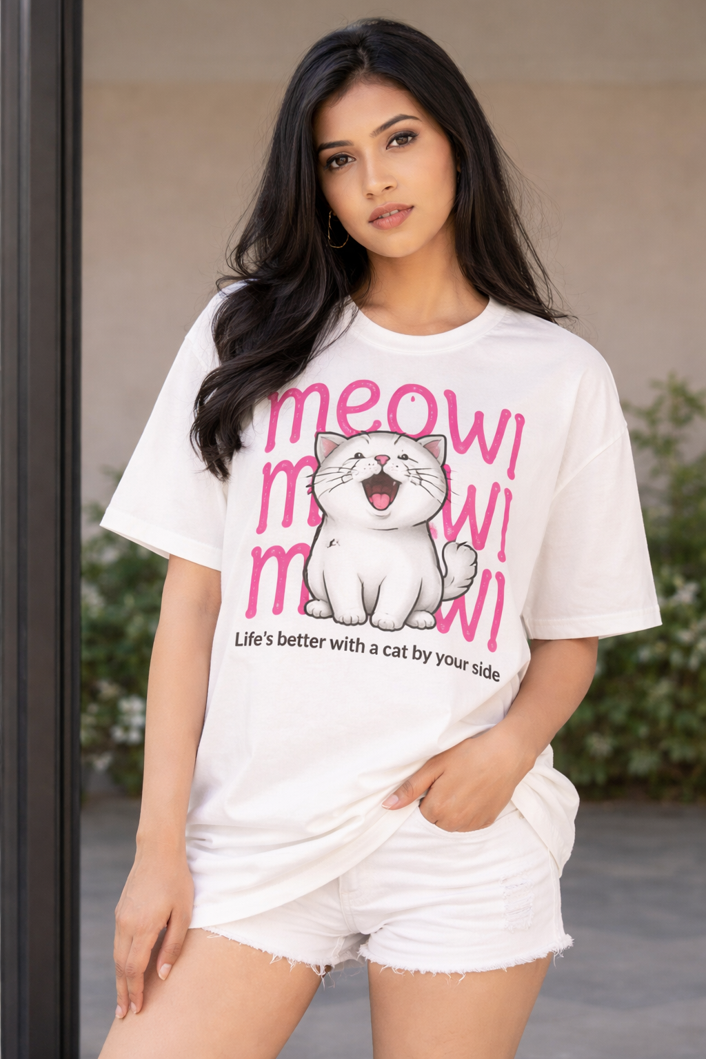 Meow Meow Cat Oversized T-Shirt for Women – Cute Graphic White Tee