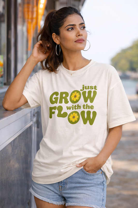 Just Grow With The Flow Oversized T-Shirt for Women – Off White Graphic Tee