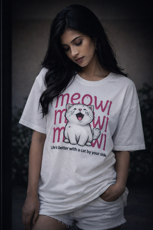 Meow Meow Cat Oversized T-Shirt for Women – Cute Graphic White Tee