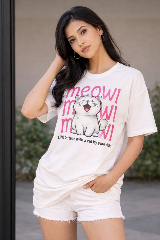 Meow Meow Cat Oversized T-Shirt for Women – Cute Graphic White Tee