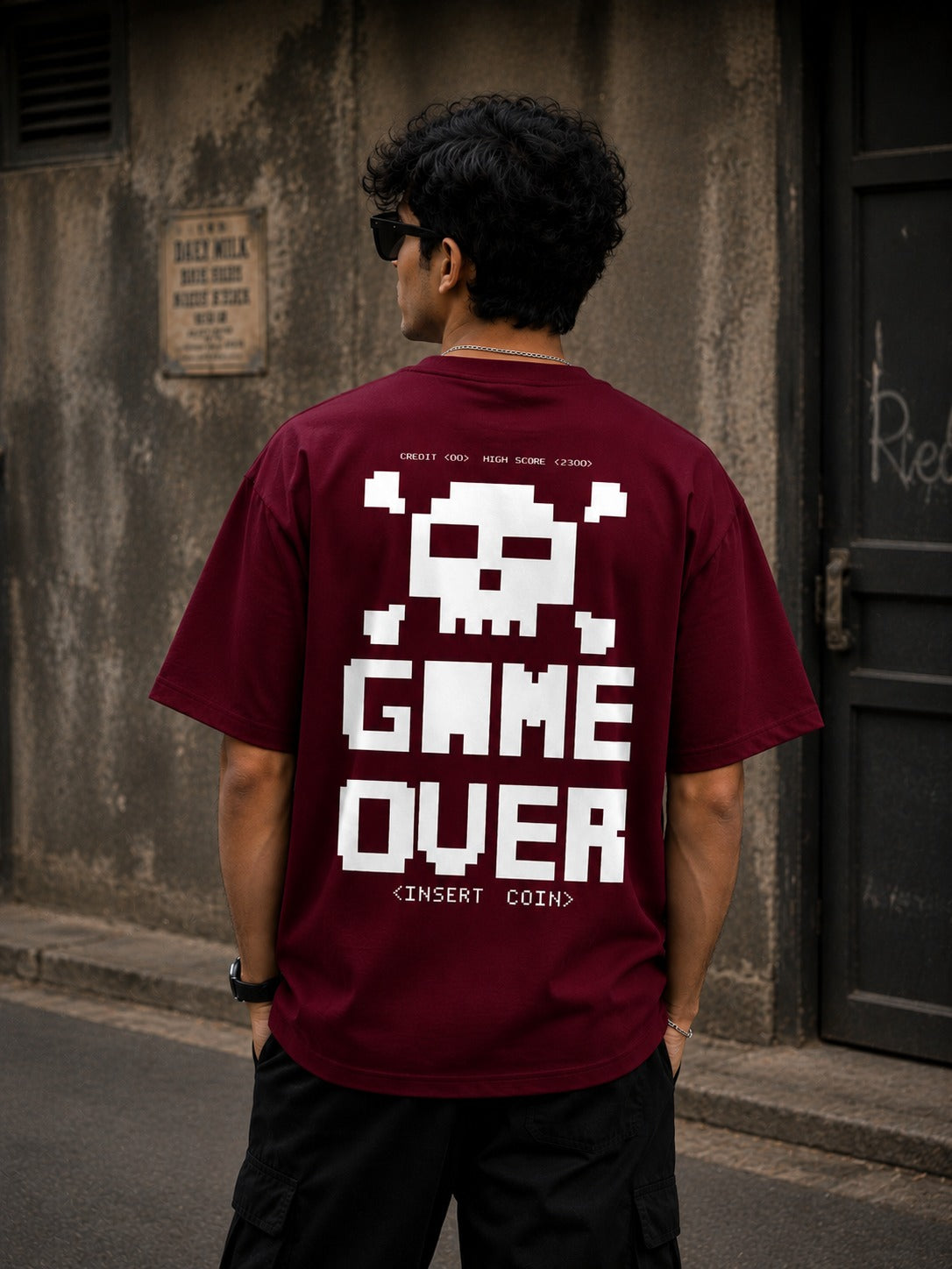 Game Over Pixel Tee back print – retro pixel art graphic maroon oversized tee
