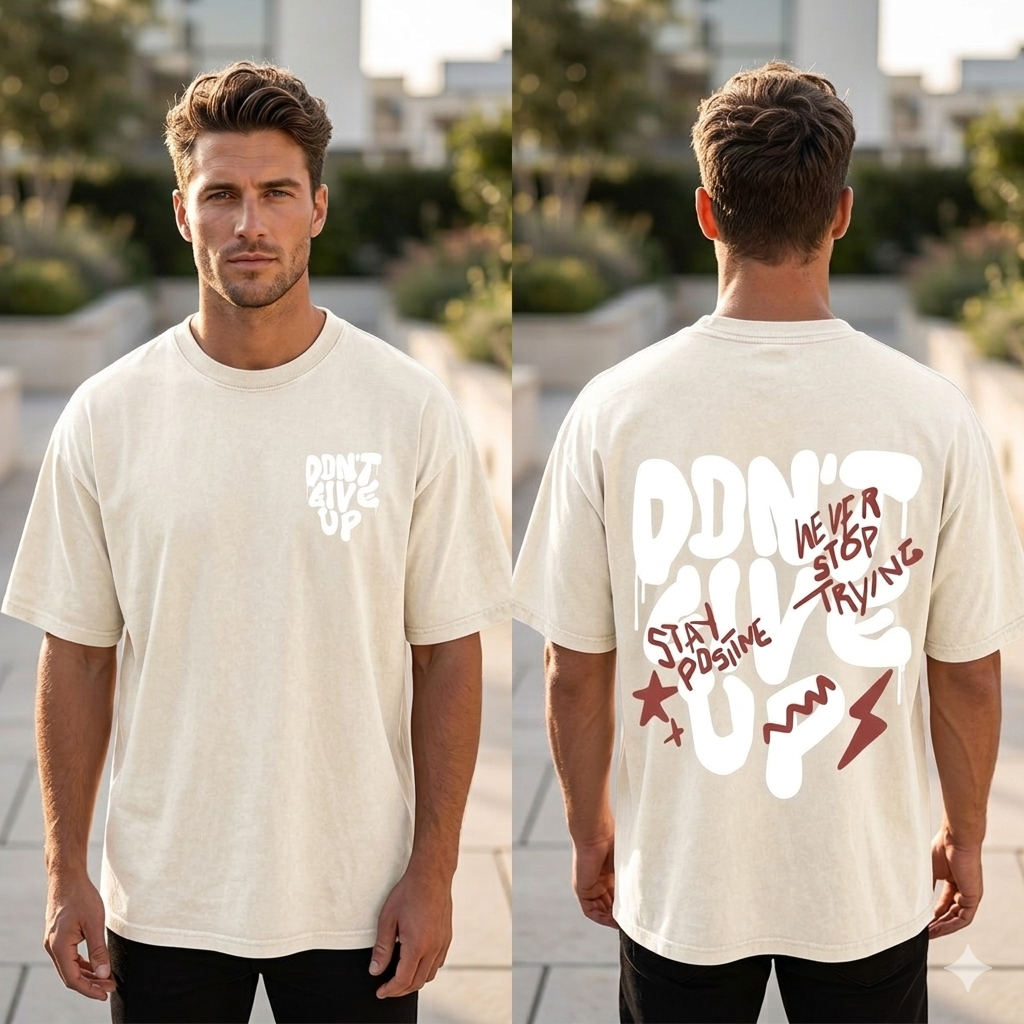 Premium streetwear oversized tee with don't give up quote
